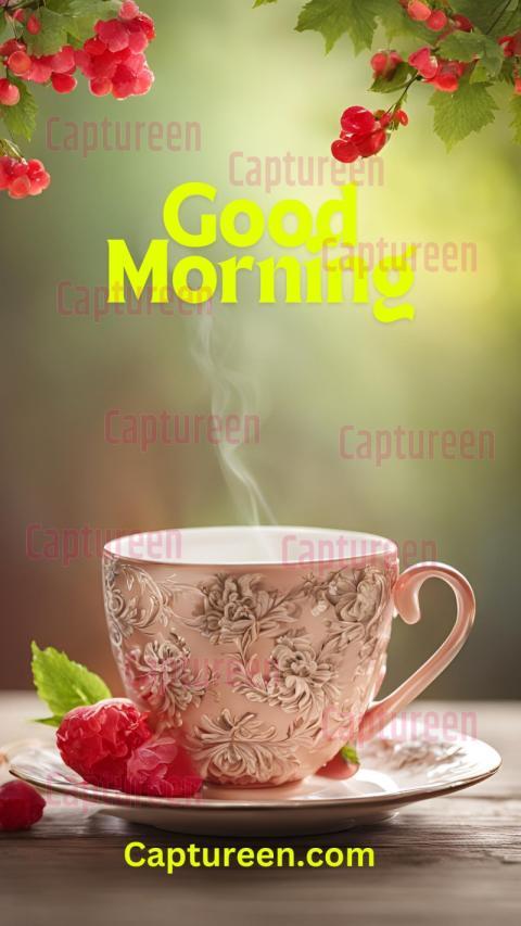 Good Morning Images with Tea Cup and Morning Dew