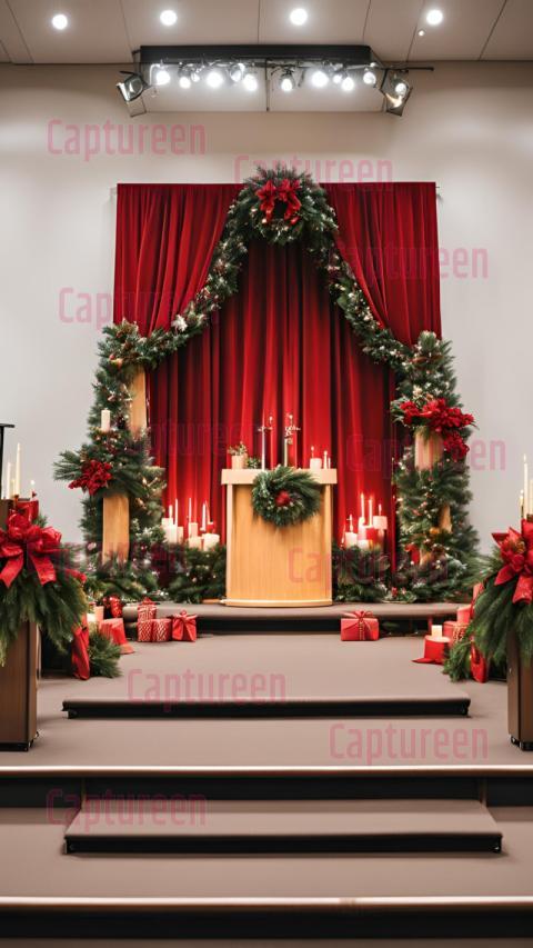 Modern Church Christmas Stage Decor with Traditional Themes