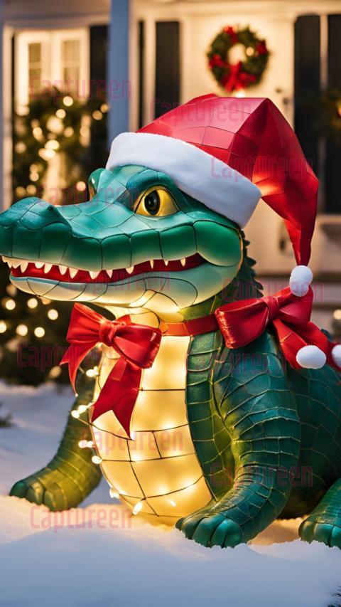 Christmas Alligator Outdoor Decoration  Festive Southern Charm