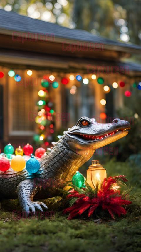 Christmas Alligator Outdoor Decoration  Swampy Seasonal Fun