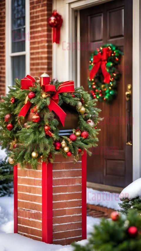 Brick Mailbox Christmas Decorations with Festive Garland