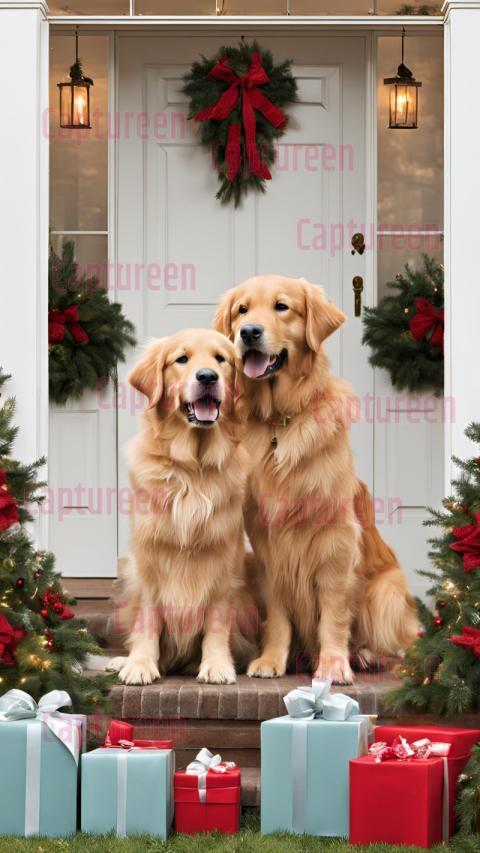 Charming Golden Retriever Christmas Decor Outdoor Featuring Wreaths