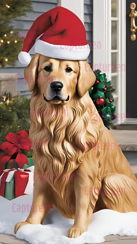 Charming Golden Retriever Outdoor Christmas Decoration Featuring Santa Hats