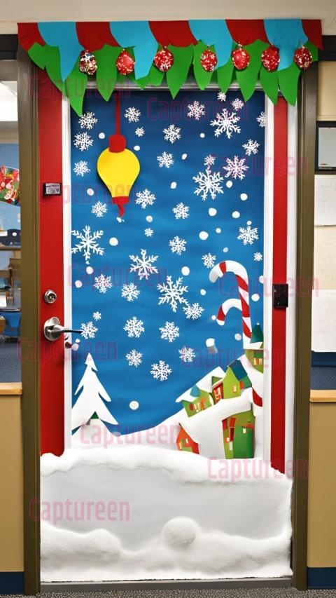 Whimsical Christmas Door Decorations for the Classroom with Snowy Scenes