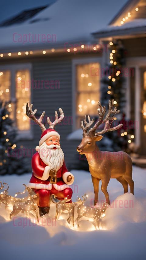 Charming Vintage Plastic Santa and Reindeer Outdoor Decoration for Nostalgic Vibes