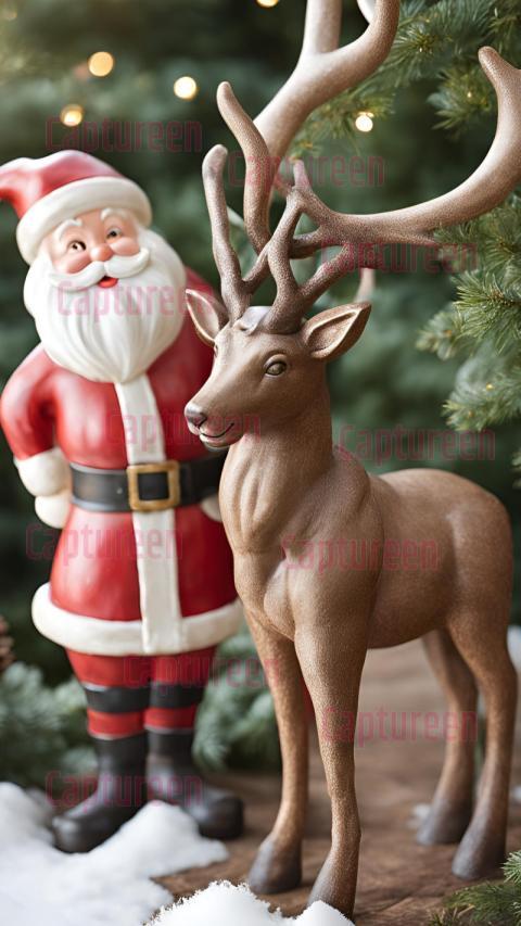 Retro Vintage Plastic Santa and Reindeer Outdoor Decoration with Festive Lights