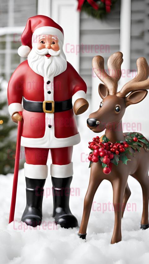 Vintage Plastic Santa and Reindeer Outdoor Decoration for Classic Holiday Charm