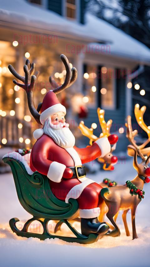 Whimsical Vintage Plastic Santa and Reindeer Outdoor Decoration with Sleigh Accents