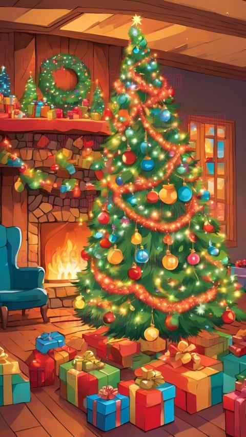 Charming Christmas Tree Cartoon Image in a Playful Style