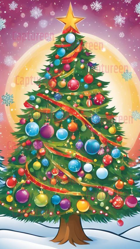 Colorful Christmas Tree Cartoon Image with Festive Ornaments